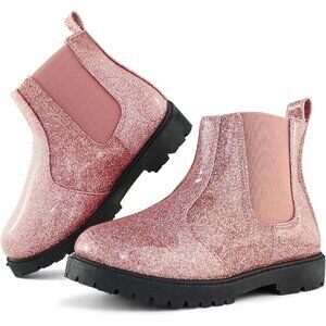 Girl's Pink Fashion Shiny Rubber Chelsea Kids Slip-on Lightweight Ankle Boots
